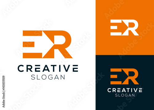 Initials ER with negative space arrow logo design for shipping or movement