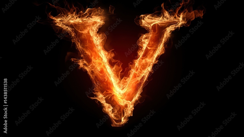 Fototapeta premium Fiery letter V, dark background, abstract design, graphic art
