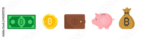 Piggy bank, coin, wallet, banknote, money bag sack icon set with bitcoin crypto currency symbol vector illustration. Business, money and finance icons collection elements design.