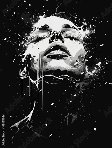 Woman's face is shown in black and white with a splash of color