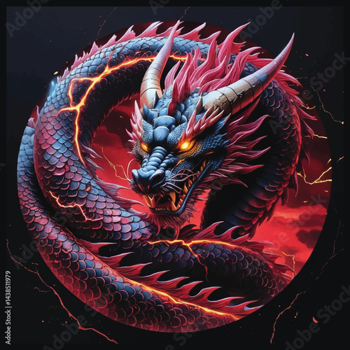 Molten Majesty: A Legendary Crimson Dragon Coiled in Lightning, Torn Metal Scales, Blazing Golden Eyes and Vivid Watercolor Fury on Black Canvas, Dragon T-shirt Vector Design.