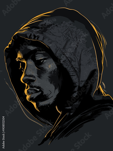 Illustration of the face of a young man in a hood.