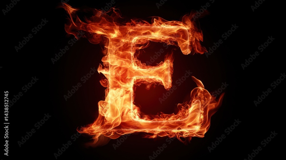 Fototapeta premium Fiery letter E, burning, dark background, alphabet design, graphic art