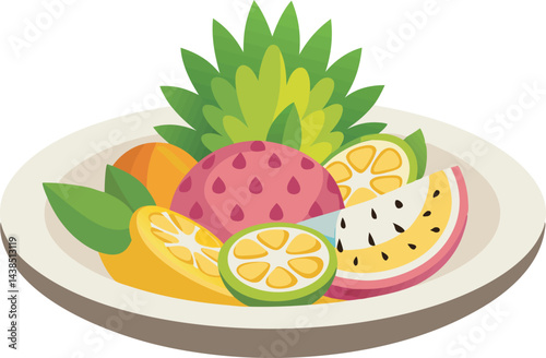 A vibrant vector art illustration of a "Pineapple Passion Platter" fruit salad, showcasing colorful tropical fruits arranged in a lively composition.