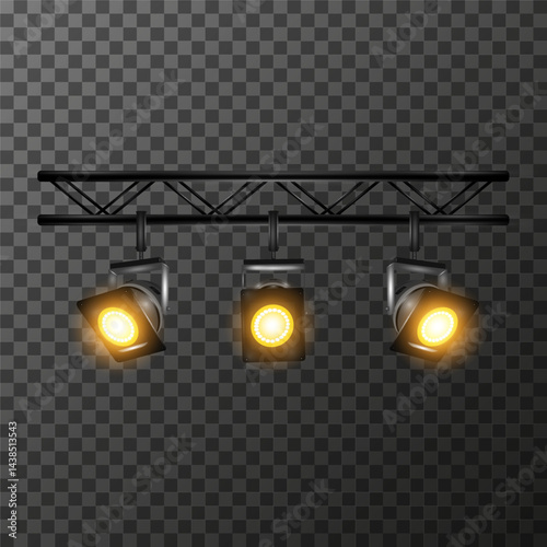 Three square spotlights with bright yellow light are suspended on a truss, on a transparent background. Stage equipment. Vector EPS10 illustration.