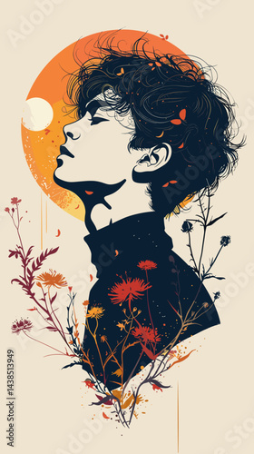 vector illustration of a beautiful woman with flowers in her hair and moon