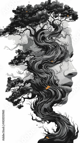 Grunge illustration of a woman with a strange hairstyle.