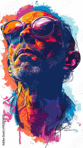 Man with glasses and a beard is painted in a colorful style. The painting is abstract and has a moody feel to it