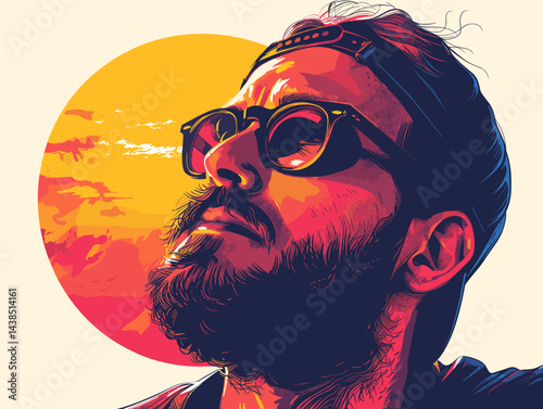 Portrait of a bearded man with sunglasses. Vector illustration in retro style.