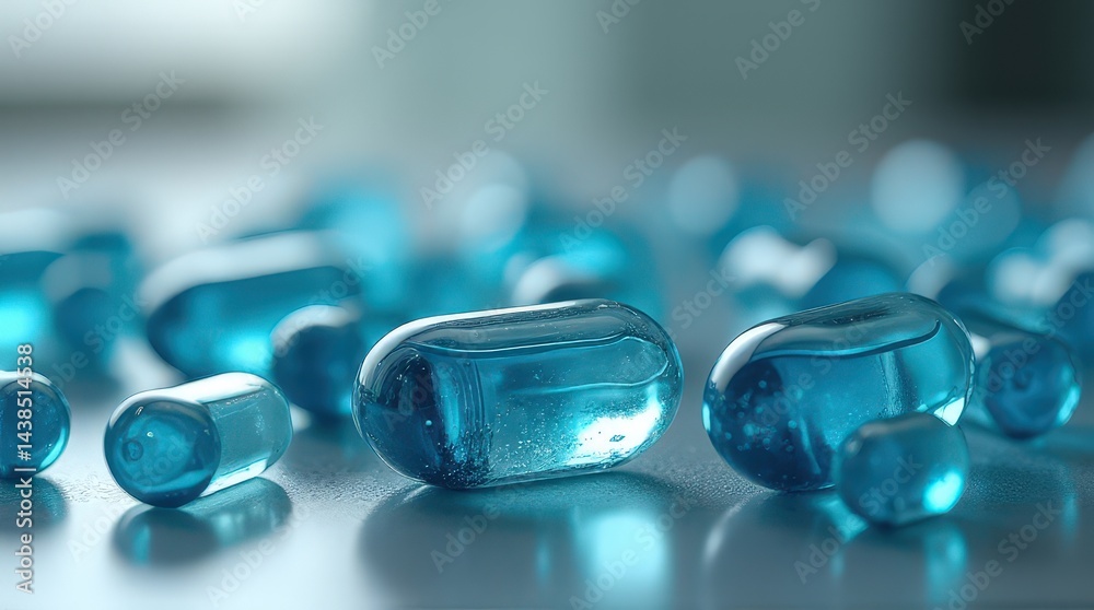 Close-up of transparent blue gel capsules on a reflective surface. Close-up of transparent blue gel capsules on a reflective surface.