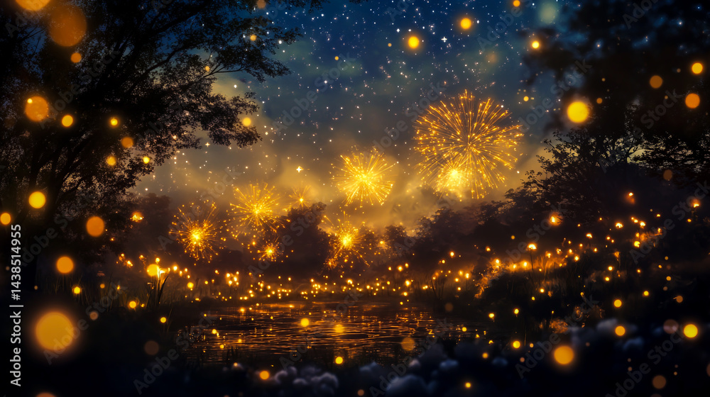 Naklejka premium A photo of fireworks illuminating the night sky, creating an enchanting display against a backdrop of twinkling bokeh lights.