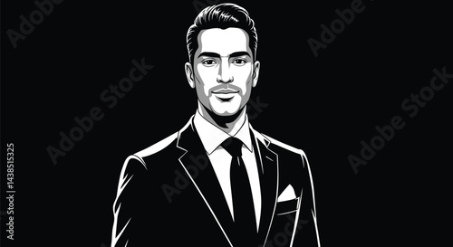 Confident Man in Suit - Black and White Vector Graphic