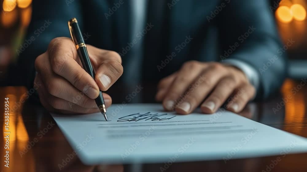 Contract Signing: The image features a close-up of a person's hands elegantly inking a document. A display of professionalism, trust, and agreement Contract Signing: The image features a close-up of a person's hands elegantly inking a document. A display of professionalism, trust, and agreement