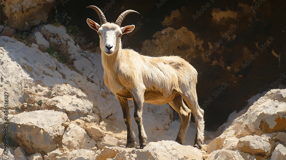Fototapeta premium Stunning mountain goat standing tall under bright sunlight high resolution picture