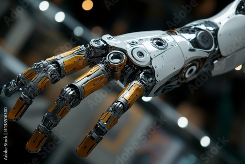 Mechanical robotic hand reaching out with metallic fingers