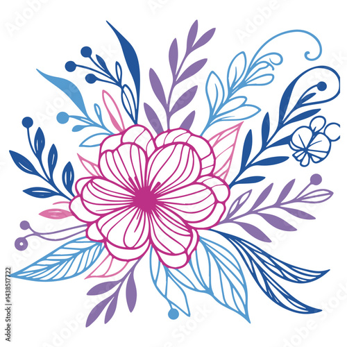 One line flower design. Botanical art print. Minimalist floral pattern. Contemporary fine print. Hand drawn leaves artwork.

