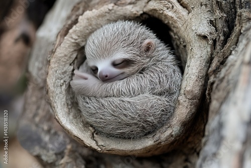 A tiny baby sloth curled into a ball, its face peaceful and content