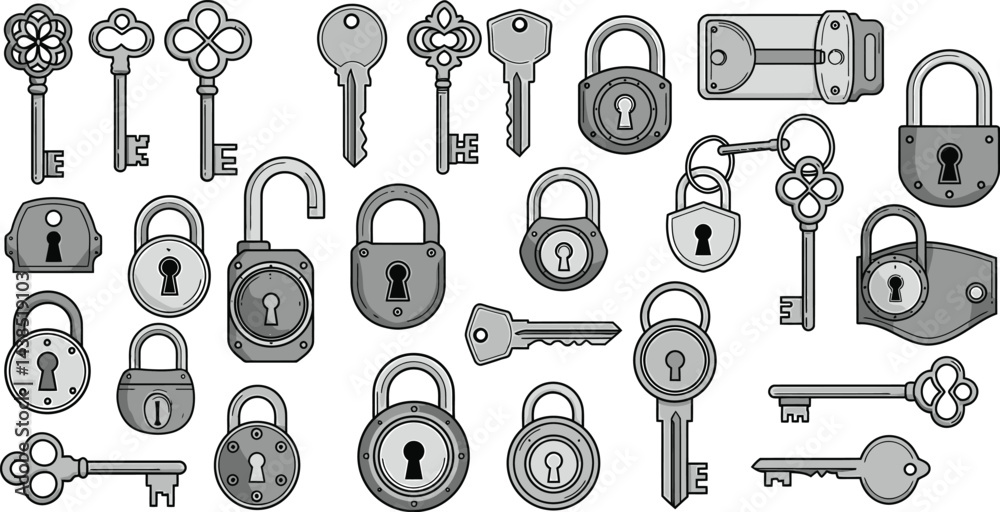 Black and White Vector Keys and Locks Collection