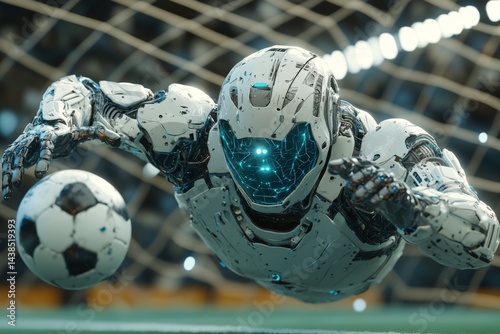 Humanoid robot playing soccer on stadium field with ball in motion