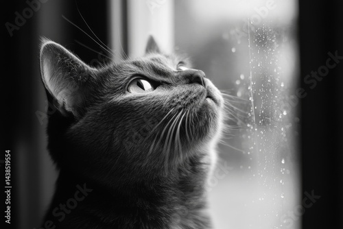 Black and white photo of cat looking out rainy window