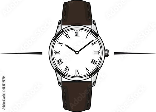 Classic Wristwatch Vector Graphic, Black and White