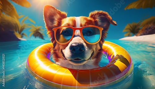 dog wit sunglasses and floating ring
