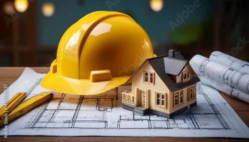 blueprint of dreams a meticulously crafted miniature house rests beside a vibrant yellow safety helmet and architectural blueprints symbolizing the creation of homes
