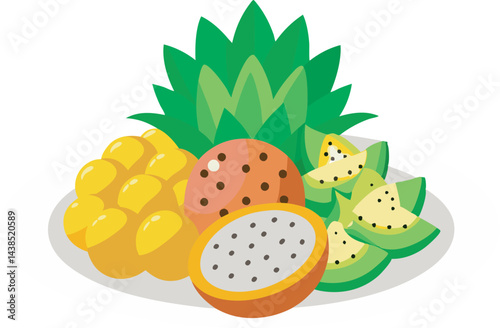 A vibrant vector art illustration featuring a colorful Pineapple Passion Platter fruit salad, bursting with fresh tropical fruits and lively, detailed textures