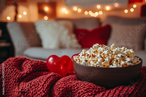 Red bowl of popcorn on cozy bed with soft blankets and pillows in warm light
