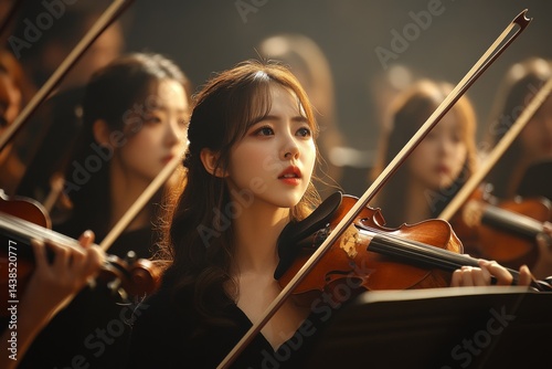 Female musicians playing violins in orchestra performance