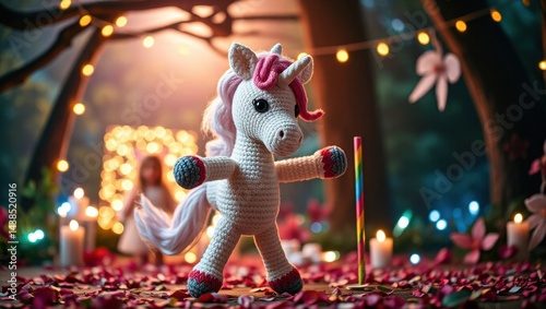 A crocheted unicorn standing on its hind legs in front of a tent photo