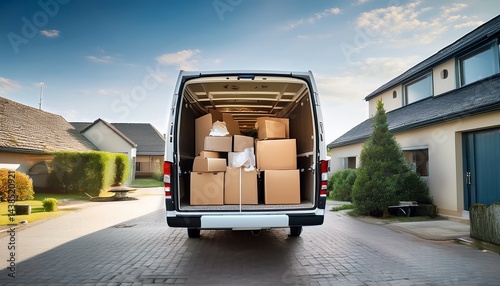 chaotic removal van loaded with disordered and damaged boxes ready for moving