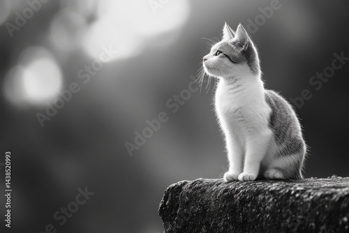Black and white photo of cat sitting on wooden stump outdoors