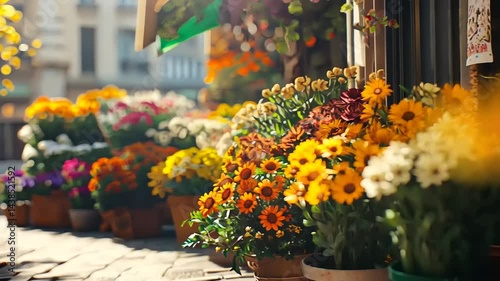 Wallpaper Mural Vibrant flower shop display with colorful blooms lining the street, creating a lively atmosphere Torontodigital.ca