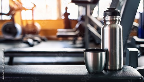 metal thermo mug and bottle of water standing on bench against background of gym