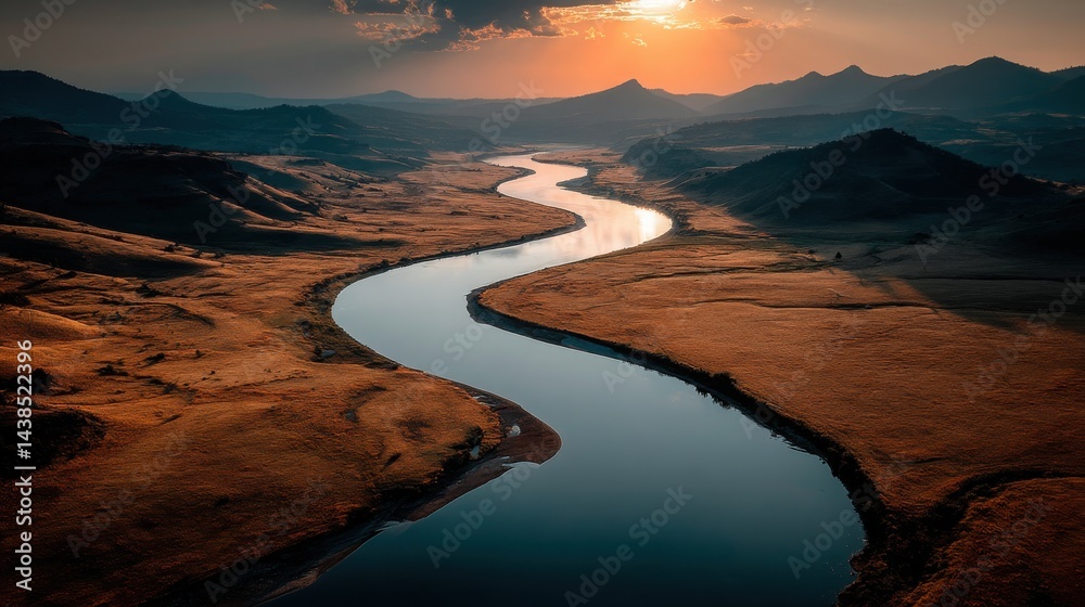 Fototapeta premium Aerial view of a winding river flowing through a canyon valley under a cloudy sky at sunset