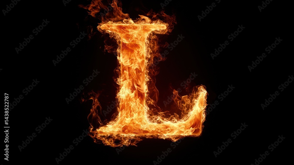 Fototapeta premium Fiery letter L, burning alphabet, black background, design element