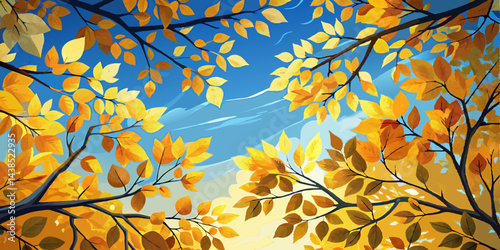 Autumn Leaves Against a Bright Blue Sky View from Below