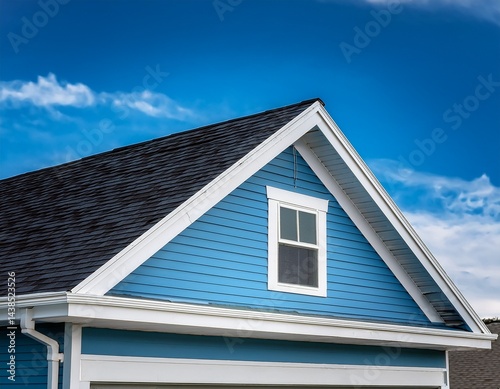 stylish gable roof featuring white cornice and striking blue vinyl siding under a light blue sky