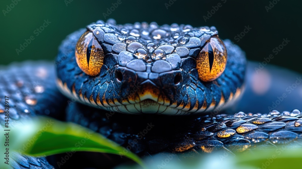 Fototapeta premium A close-up of a snake is scales with glistening dew drops in the morning