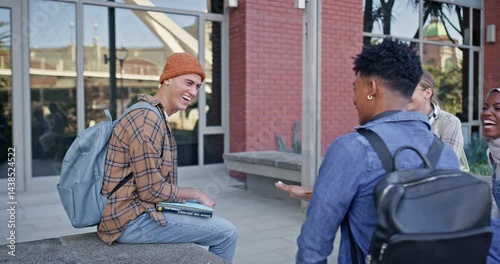 University, friends and relax on campus with laughing for college gossip, postgraduate plans and learning break. Circle, students and study group with talking, scholarship information and funny story
