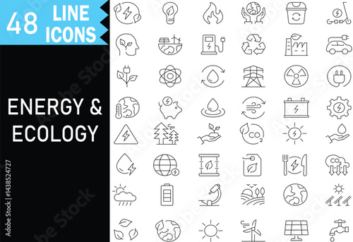 Energy and Ecology line editable icon set. Collection of Sustainable Energy, Nature, Recycling, Eco Transport, and Green Planet Symbols. Vector Illustration, Editable Stroke