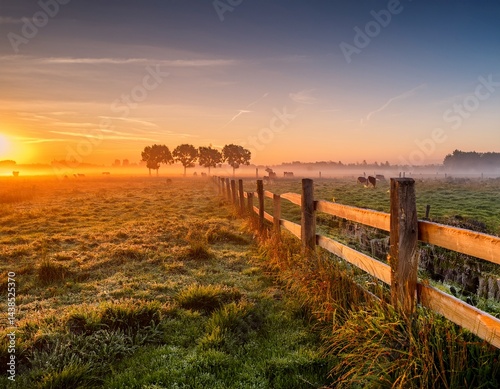 Wallpaper Mural dutch landscape in orange sunrise light scenic meadow with wooden fence horizontal lanscape field cow fog green grass Torontodigital.ca