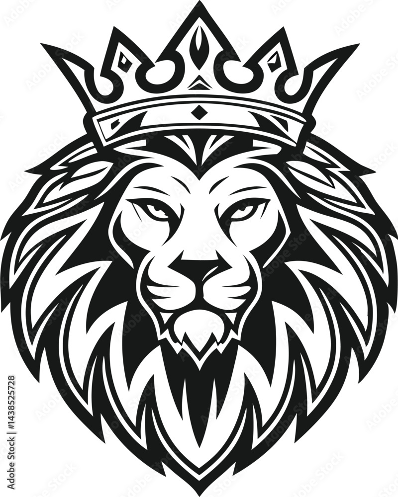Majestic lion head with crown vector art in black and white, regal and powerful mascot logo Majestic lion head with crown vector art in black and white, regal and powerful mascot logo