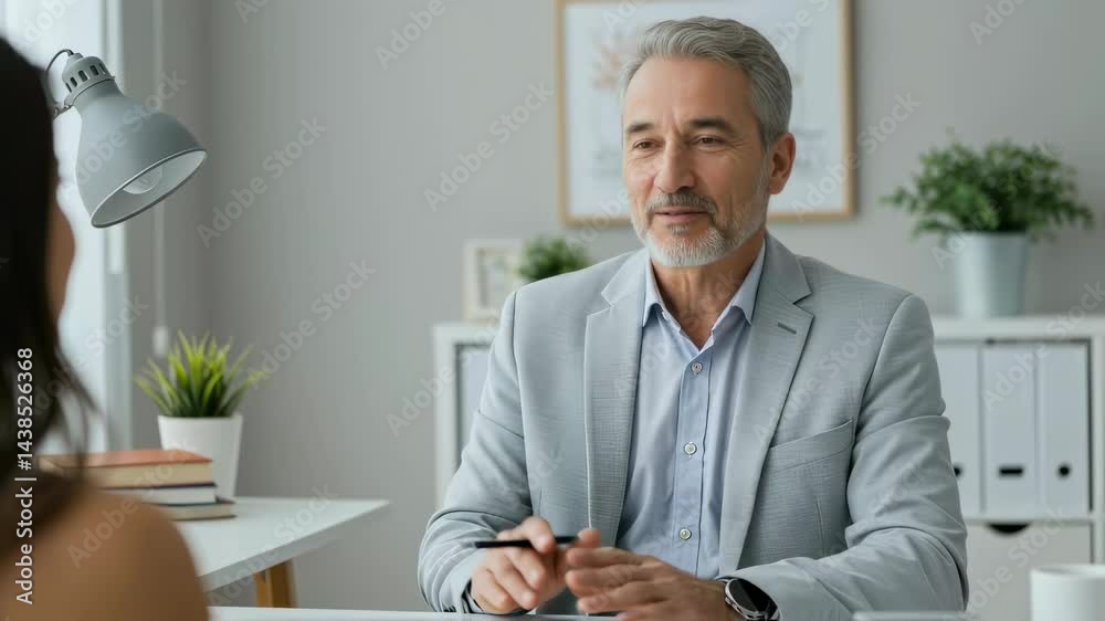 Mature man in suit smiles during a business meeting with a woman in office, professional communication and success. Career consultation and negotiation concept. Mature man in suit smiles during a business meeting with a woman in office, professional communication and success. Career consultation and negotiation concept.
