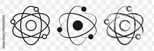 Black and white atom icon illustrating atomic structure with electrons orbiting a nucleus.