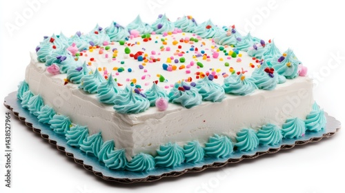 Square birthday cake with blue frosting and colorful sprinkles