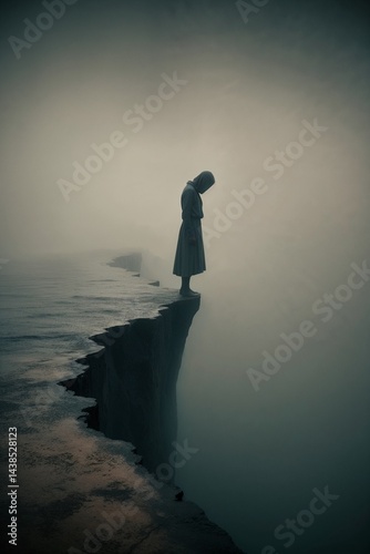 Solitary figure in a long coat standing on the edge of a foggy cliff in a dramatic atmosphere
