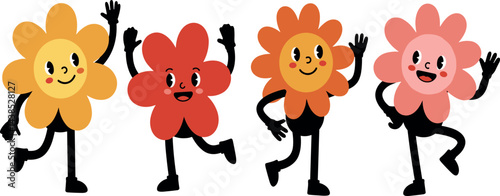 hippie, happy and groovy smiling character, funny sun and flower  .