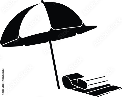 Black and White Beach Umbrella and Towel Vector Graphic